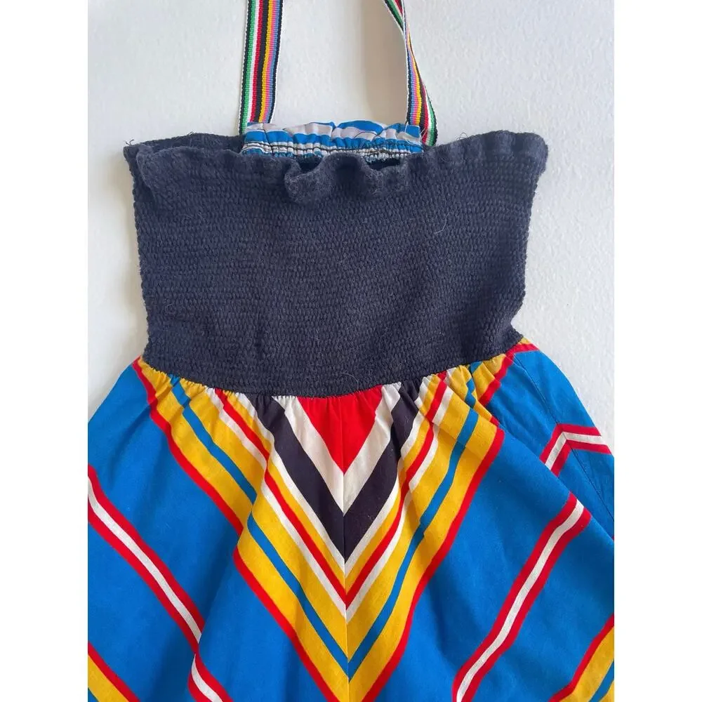 Vtg 70s Chevron Ruched Halter Sun Dress / XXS Women / Girls / Handmade Retro